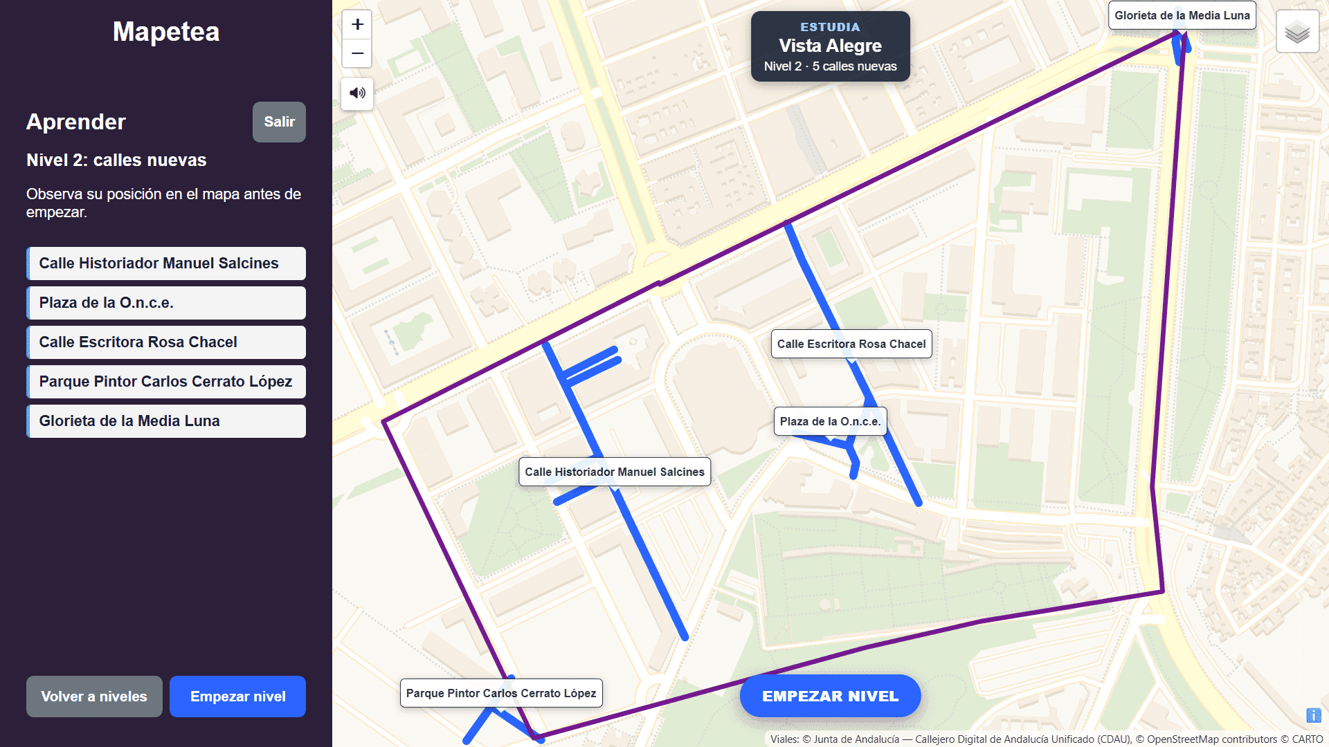 Estudio de un nivel de Aprender en Vista Alegre, Córdoba, con cinco calles nuevas situadas en el mapa.