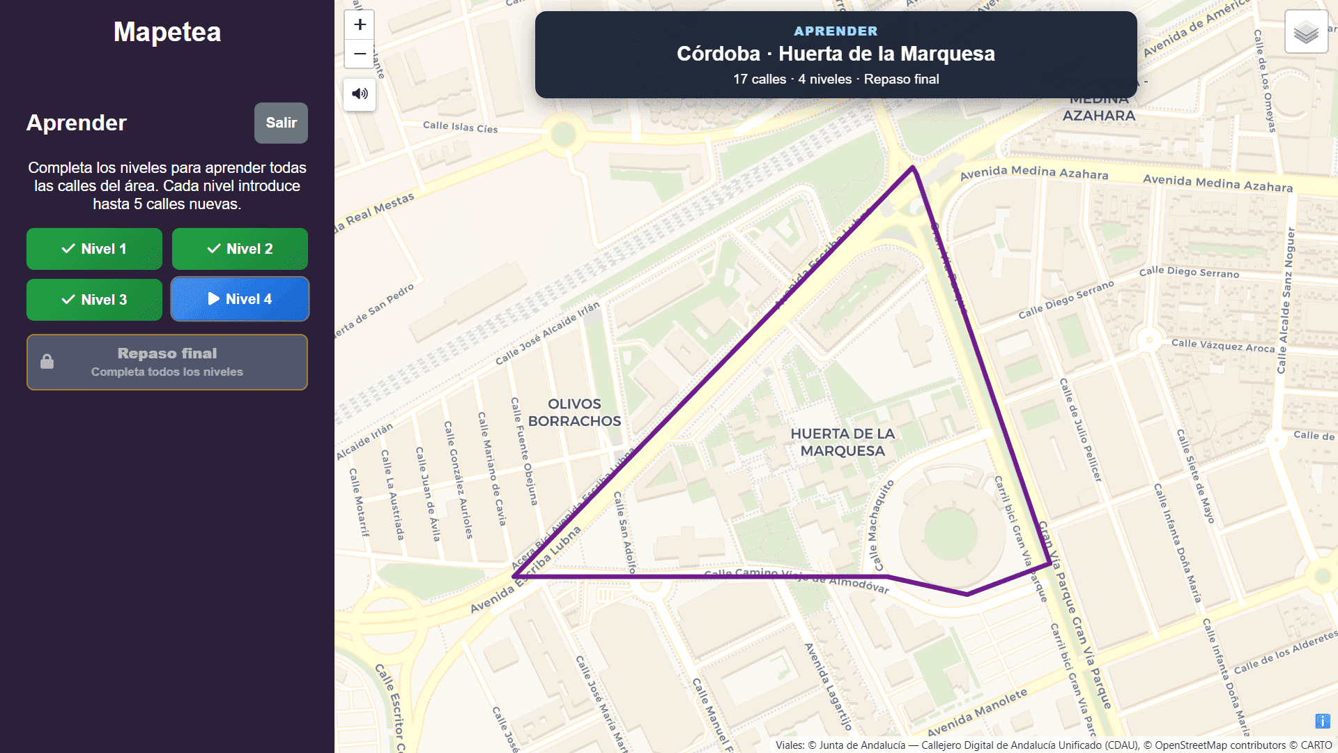 Selección de niveles de Huerta de la Marquesa, Córdoba: tres niveles completados y el Repaso final todavía bloqueado.